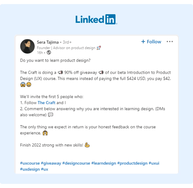 LinkedIn post promoting a giveaway to win a massive discount on a learning course