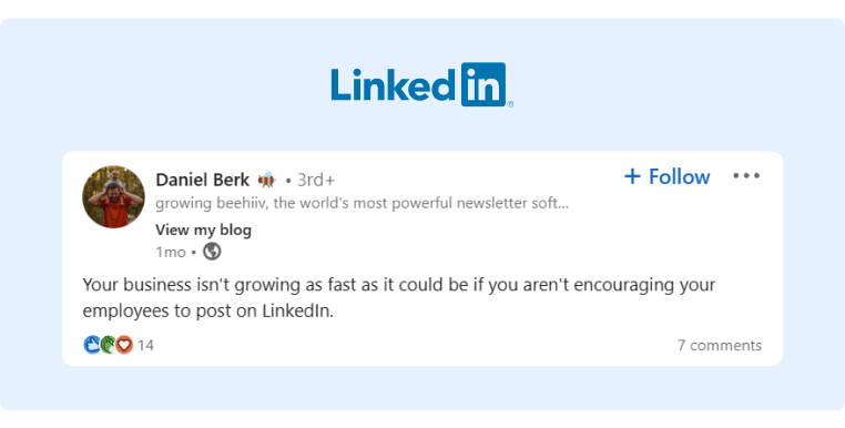 LinkedIn post that correlates business growth with employee advocacy on social media