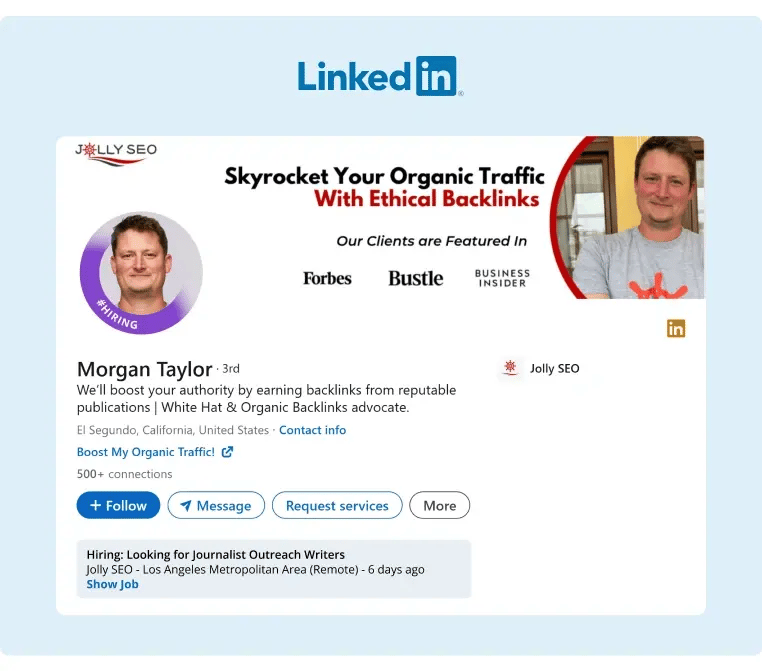 LinkedIn profile of Jolly SEO Founder displaying the Hiring badge
