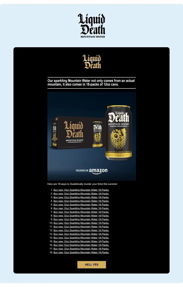 Liquid Death Mountain Water email campaign for their 18-pack of sparkling water cans