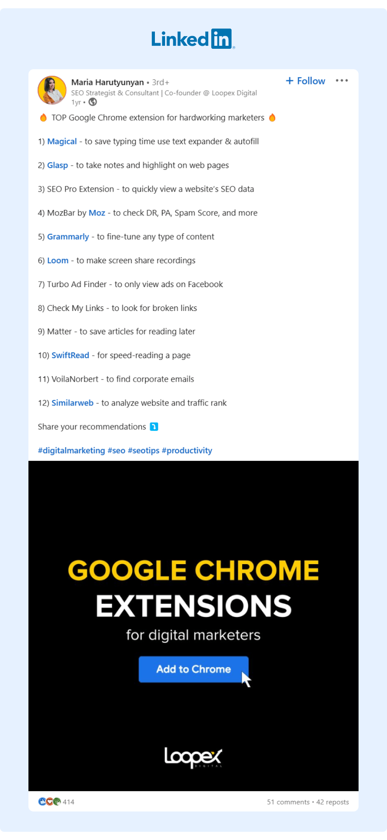 Loopex SEO posted a list of the top Google Chrome extensions for Marketers