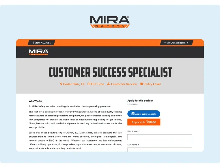 MIRA Safety features a button to apply with LinkedIn for an open position