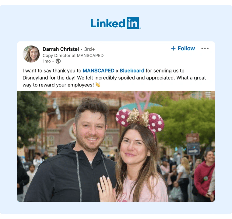 Manscaped gifted a visit to Disneyland to one of their employes and she thanked the company by sharing it on her LinkedIn