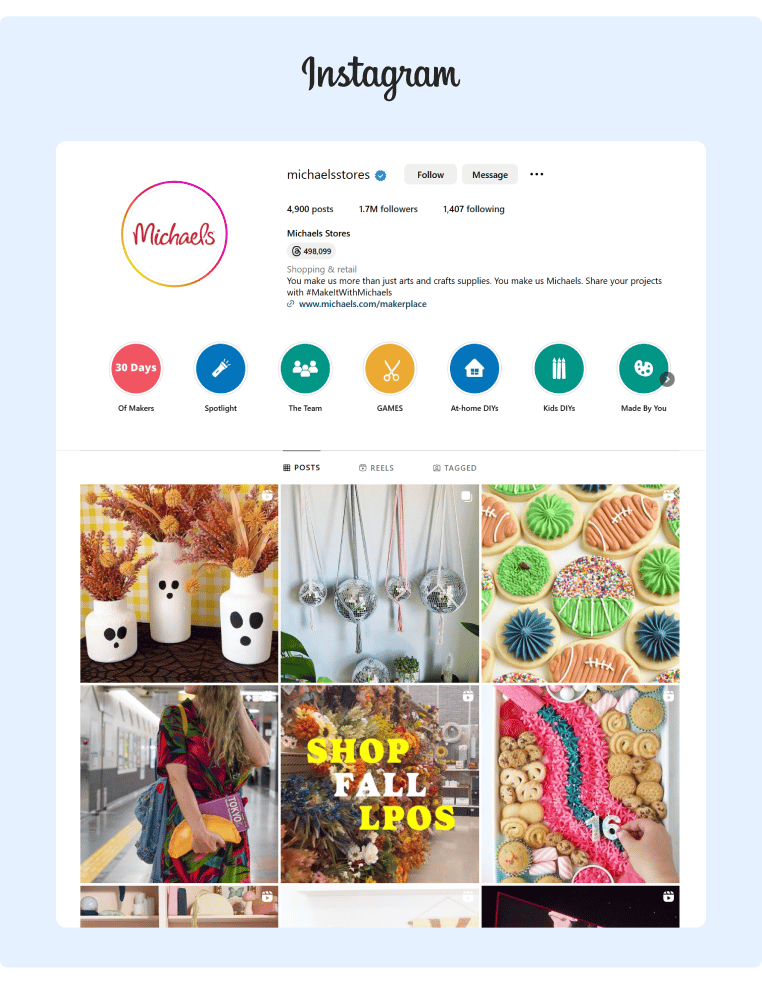 Michaels Instagram page features several eye-catching images from their products and captivating reels