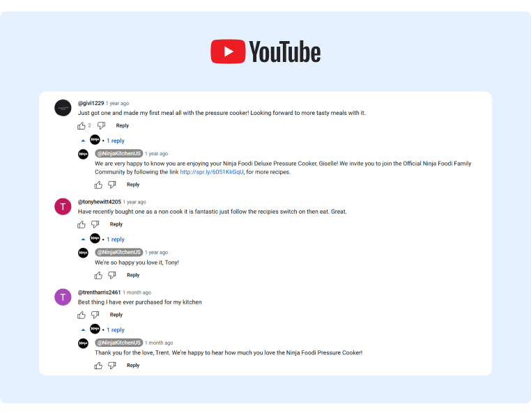 Ninja Kitchen regularly engages with their YouTube channel subscribers through the comments section in their videos