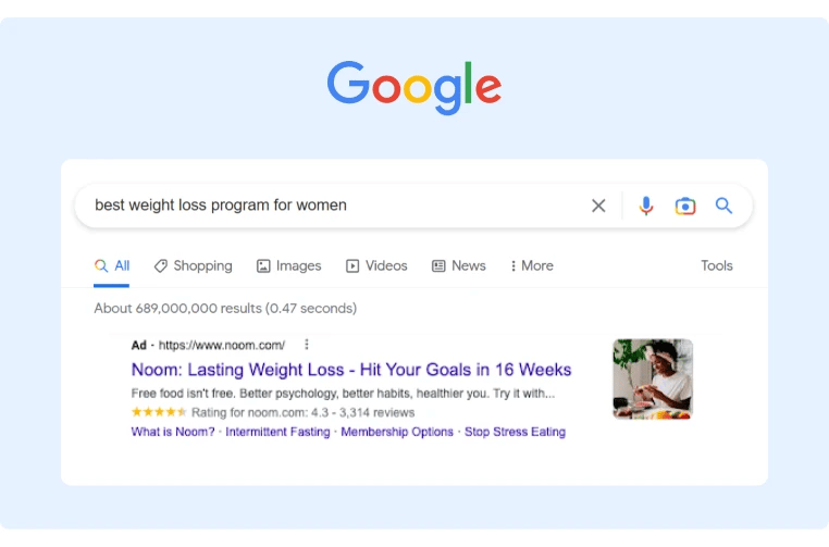 Nooms ad campaign on Google targeting keywords for weight loss program
