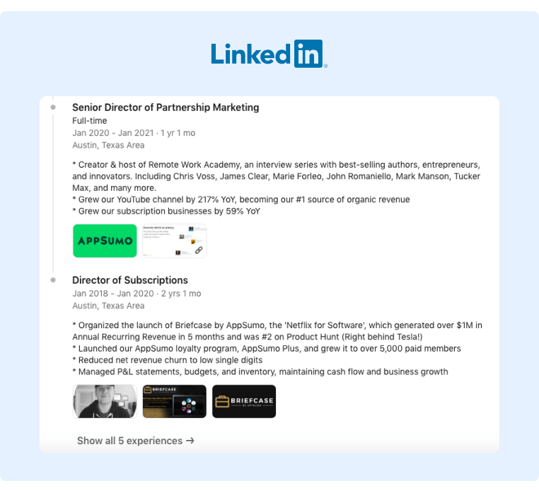 Personal Brand on LinkedIn - An excellent example of a well-optimized experience page