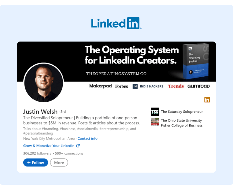 Personal Brand on LinkedIn - Justin Welsh Profile (serious)