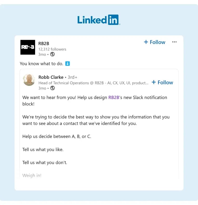 RB2B uses a LinkedIn post to gather ideas for a product design project