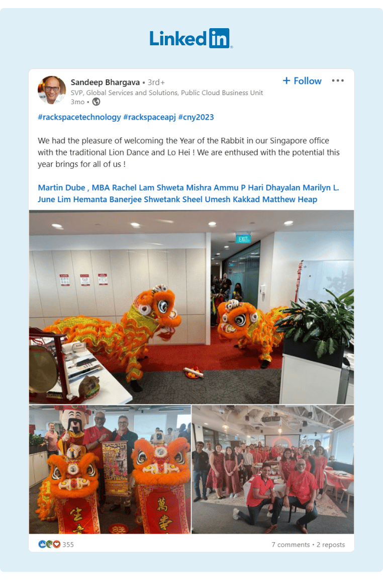 Racketspaces SVP shared fun pictures of their Singapore office celebrating the Year of the Rabbit