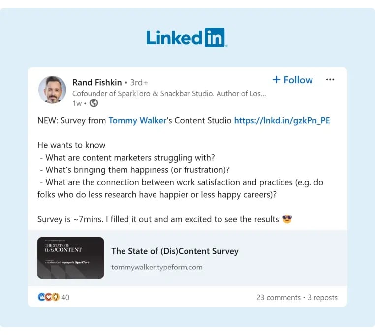 Rand Fishkin shares with his audience a survey that aims to know the discontent and struggles of marketers