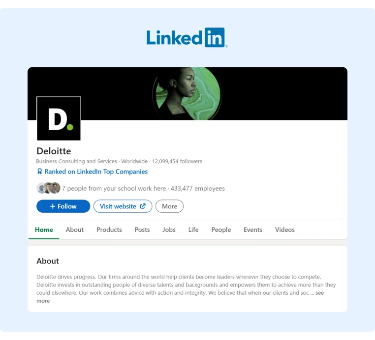 Recognized brand Deloitte uses a minimalistic banner image on their LinkedIn Profile