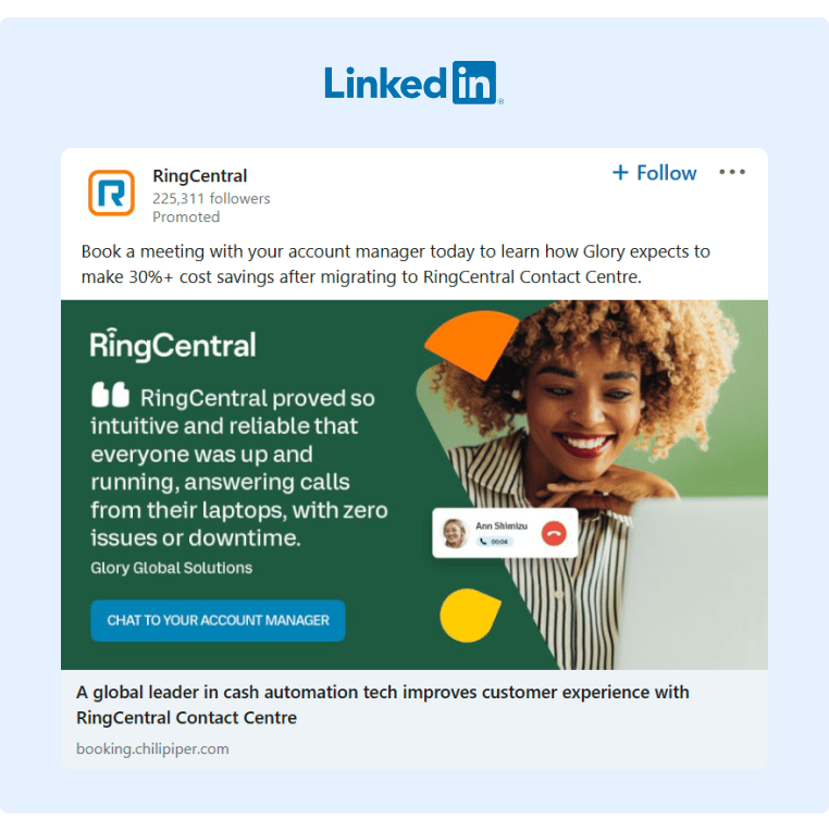RingCentral repurposed as a Promoted LinkedIn post a testimonial from one of their customers