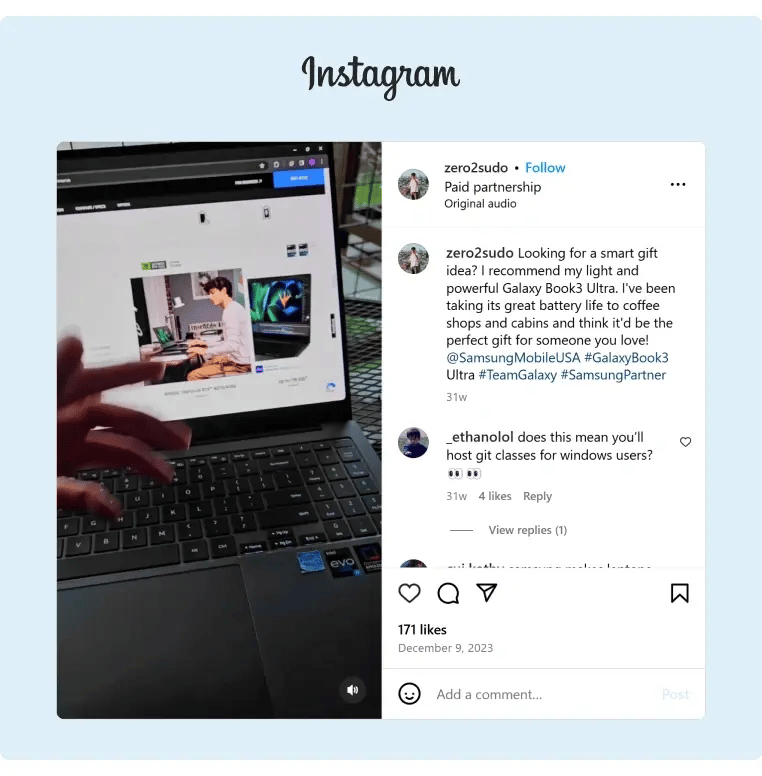 Samsung collaboration with a software engineer influencer to promote their products