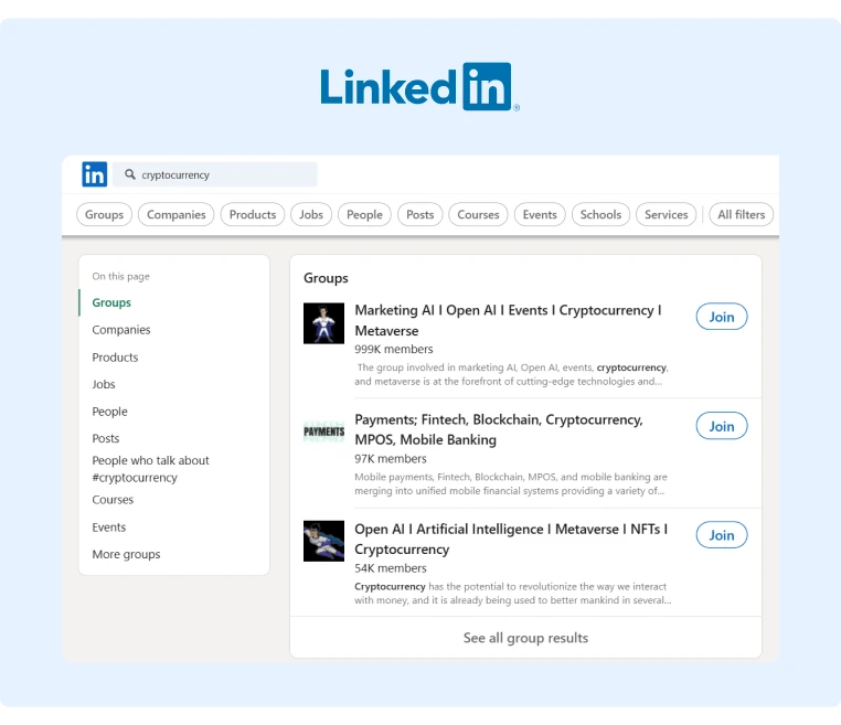 Search results for Groups when looking up the term Cryptocurrency in LinkedIn