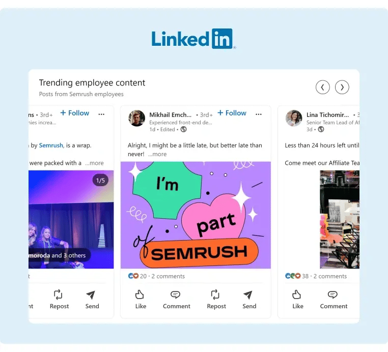 Semrush LinkedIn Page has a section featuring content from their employees