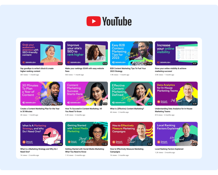 Semrush YouTube Channel thumbnails for their videos showcase different influencers on each entry to provide unique experiences
