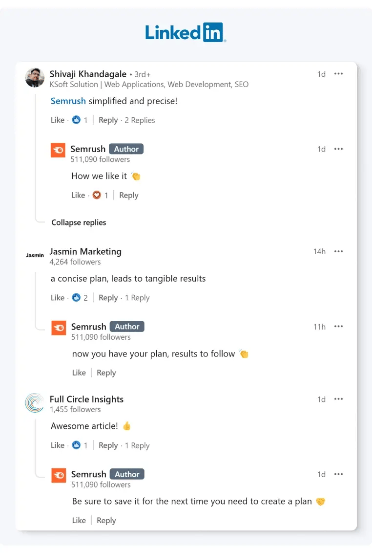 Semrush often engages their audience through comments on their LinkedIn Posts