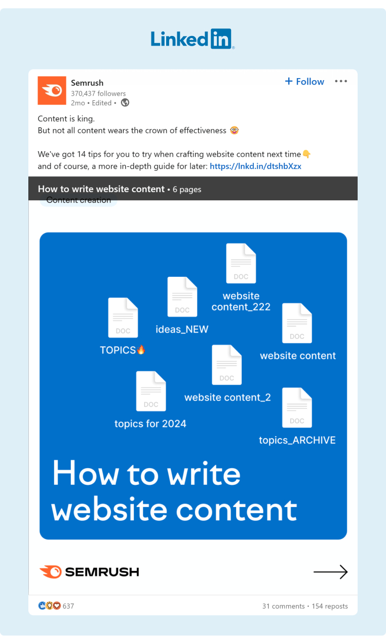 Semrush posted a slideshow guide on LinkedIn about How to write website content