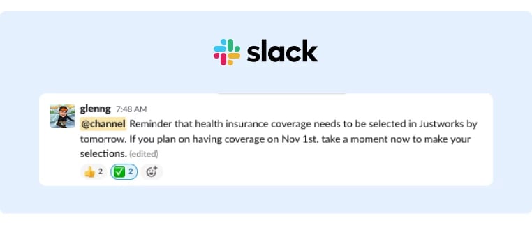 Slack post reminding everyone about selecting heallth insurance coverage