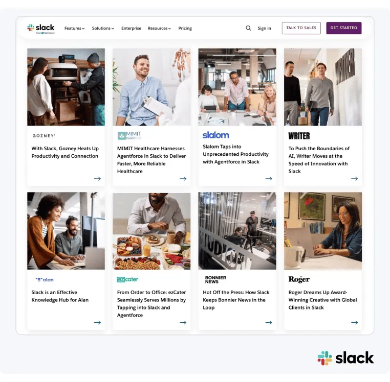 Slack website features their customer success stories