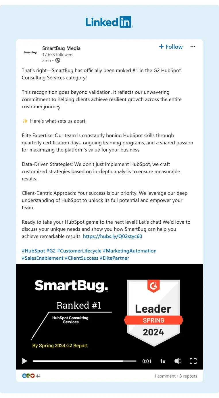 SmartBug Media shares company news on LinkedIn