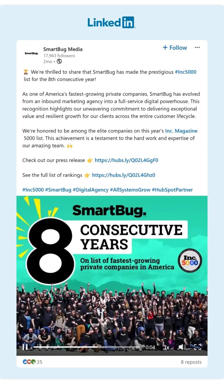 SmartBug gives props to their team in celebration of the company making the Inc500 list for the eight consecutive year