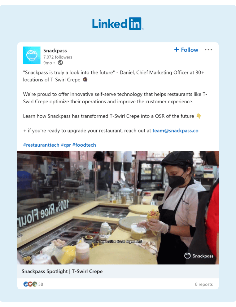 Snackpass shared a video on how self serve technology is helping restaurants like T-Swirl Crepe