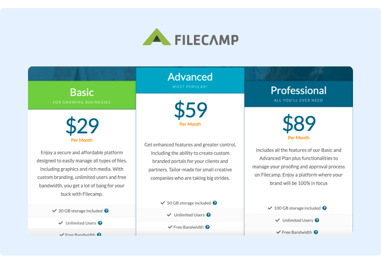 Social Collaboration Tools  Filecamp Pricing