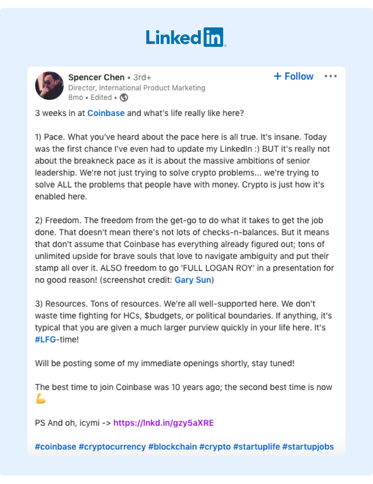 Social Media Recruiting - A Coinbase employee describes the three best things about working there