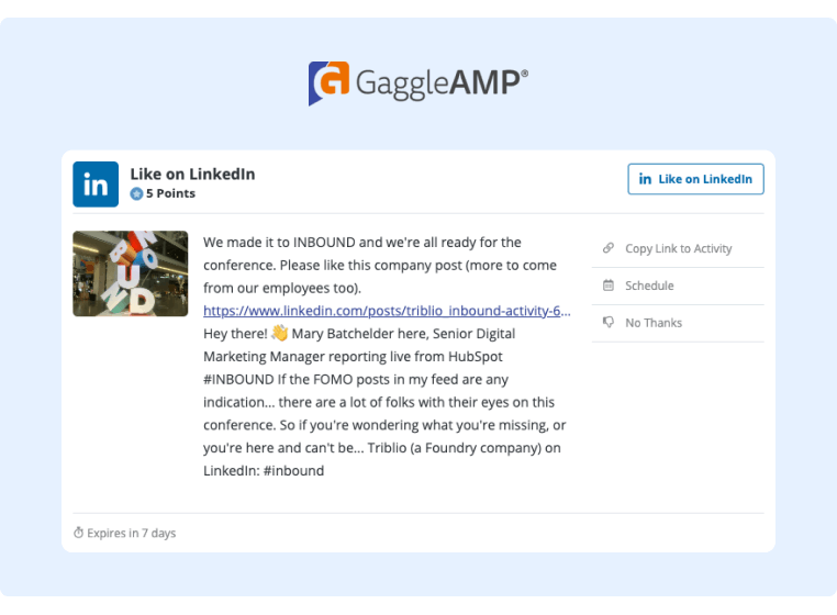 Social Media Training for Employees with an activity on GaggleAMP to Like on LinkedIn