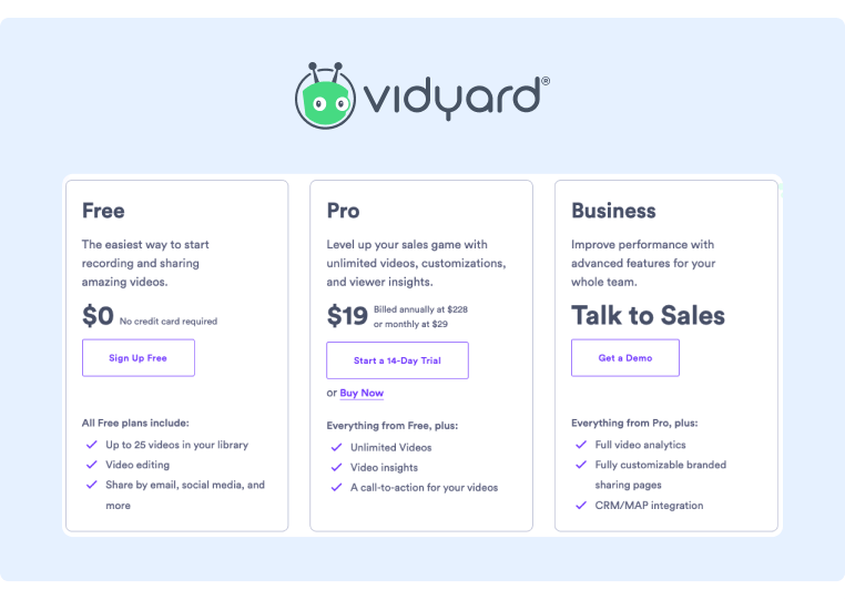 Social Selling Tools Pricing for Vidyard