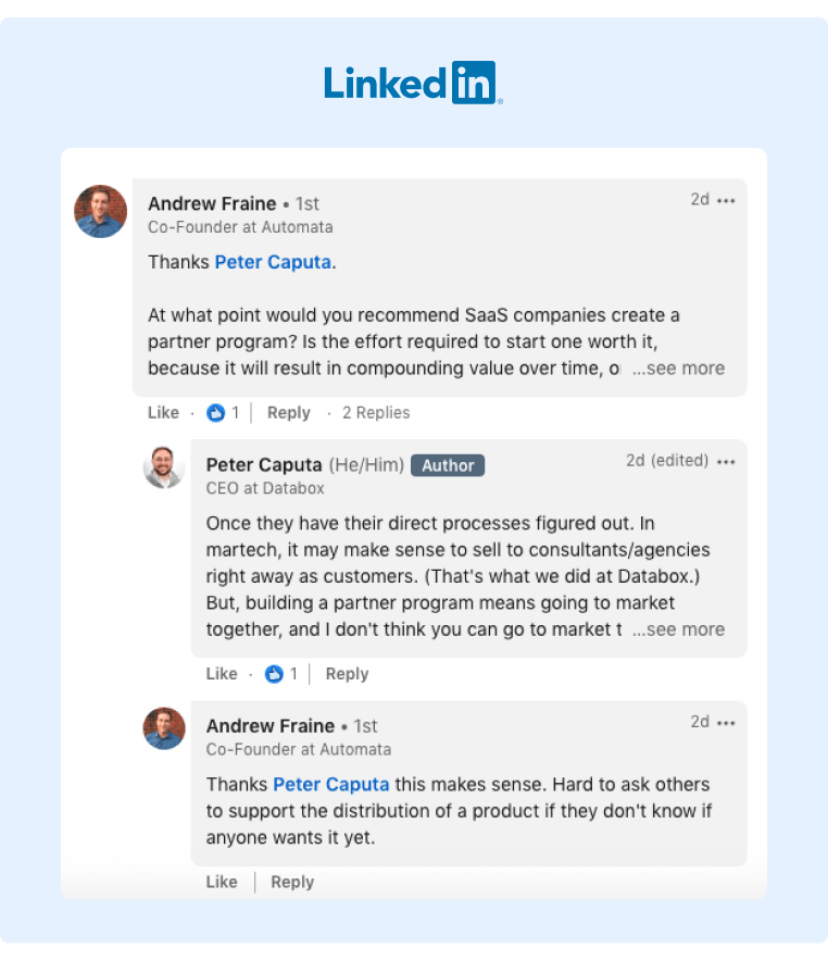 Social media amplification - LinkedIn post of a great example of a thoughtful comment and engagement with the poster