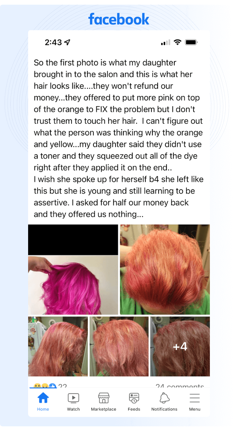 Social media marketing trends with an example of a person going to Facebook to make a complaint against a local hair stylist