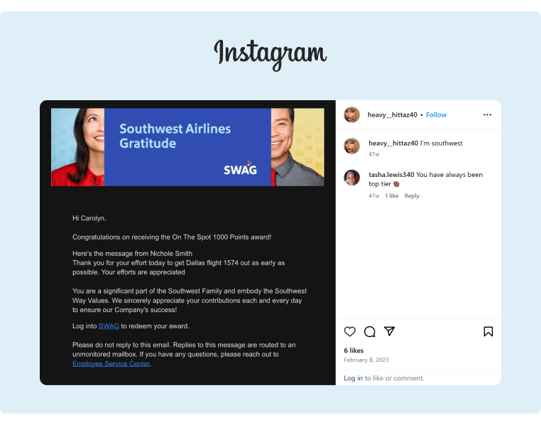 Southwest Airlines awared points to a customer who posted the screenshot on her Instagram