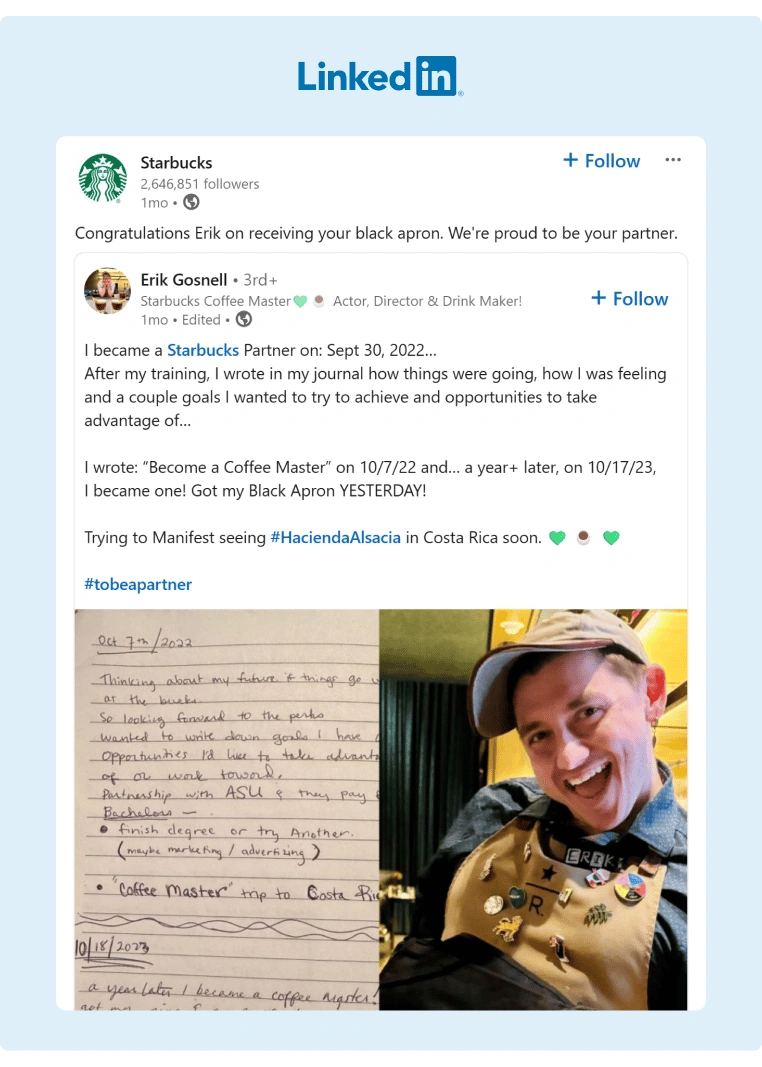 Starbucks posted a congratulatory post for one of their employees after he succeeded in a company training program