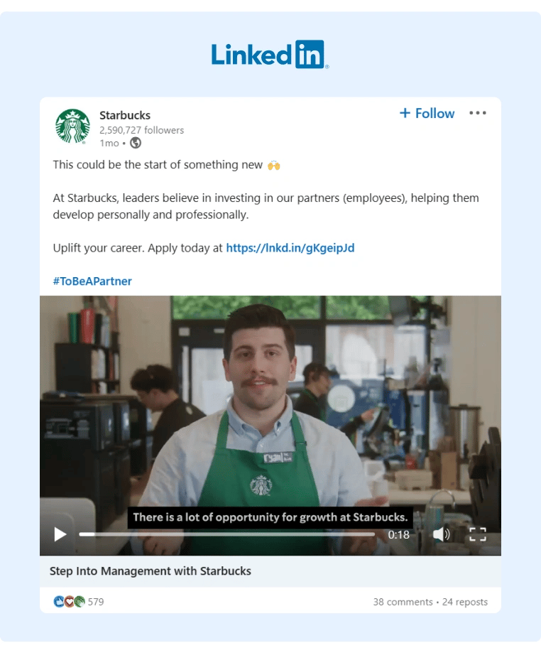 Starbucks shared a video showing one of their employee give out a testimonial about his career experience with the company
