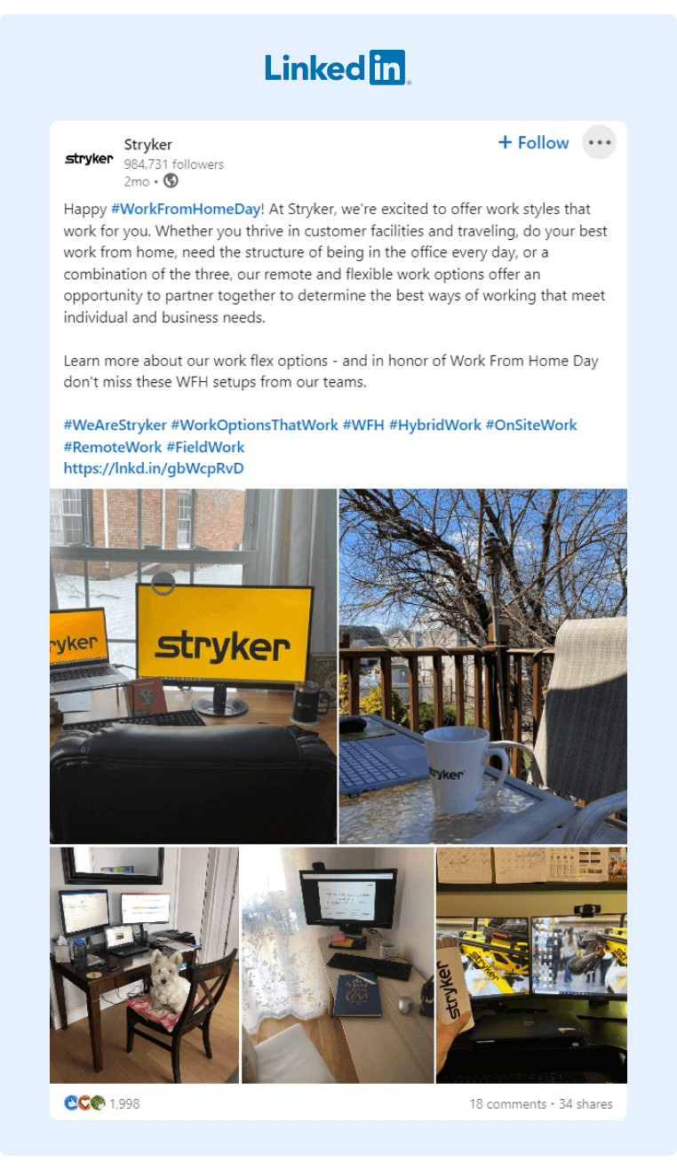 Stryker company post about working from home and the benefits it has for their employees