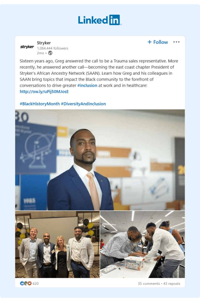 Stryker posted on their LinkedIn Profile about how one african american employee has made a positive breakthrough for inclusion and diversity