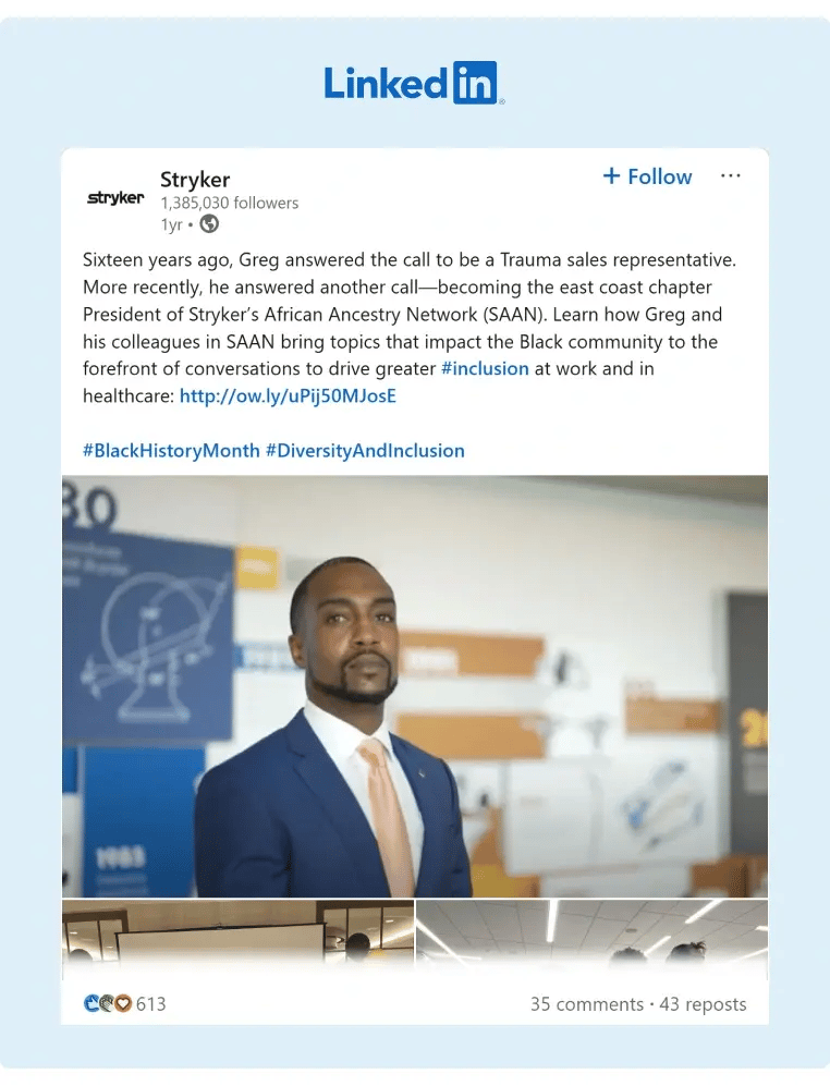 Stryker posted on their LinkedIn Profile about how one african american employee has made a positive breakthrough for inclusion and diversity