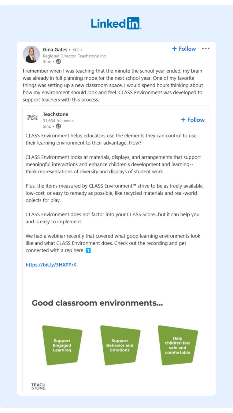 Teachstones Regional Director reshared a company post about the new CLASS Environment product developed by Teachstone