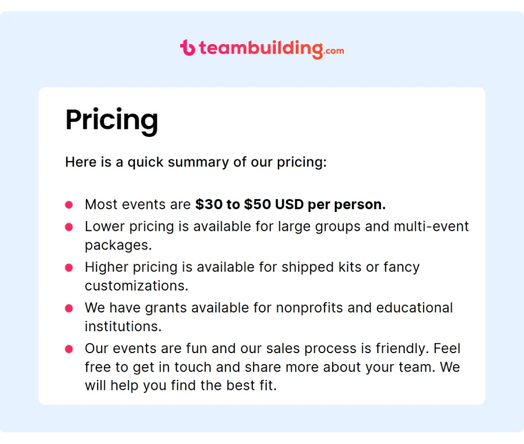 Teambuilding Pricing