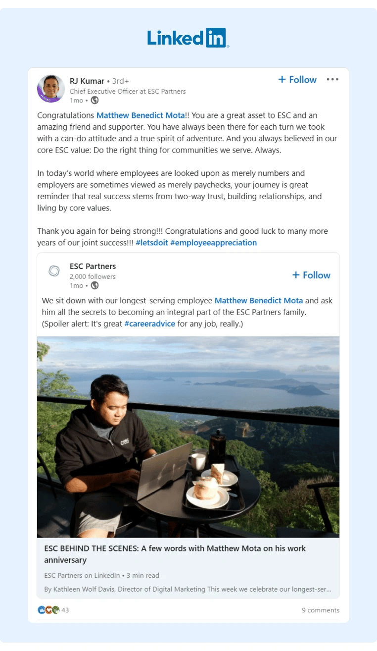 The CEO from ESC shared on LinkedIn a recognition to the companys longest-serving employee for his valued contributions