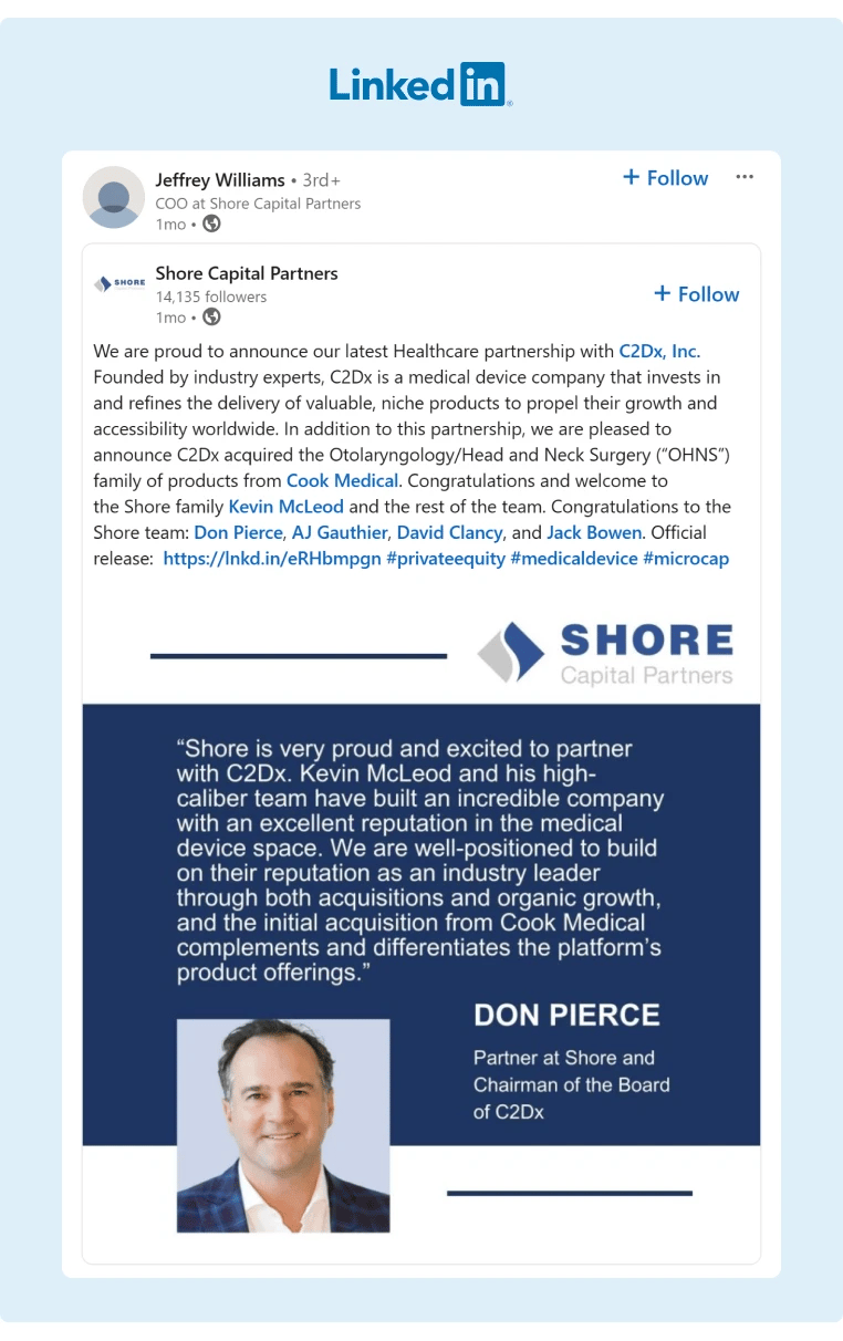 The COO of Shore Capital Partners shared some company news on LinkedIn about a partnership with C2Dx