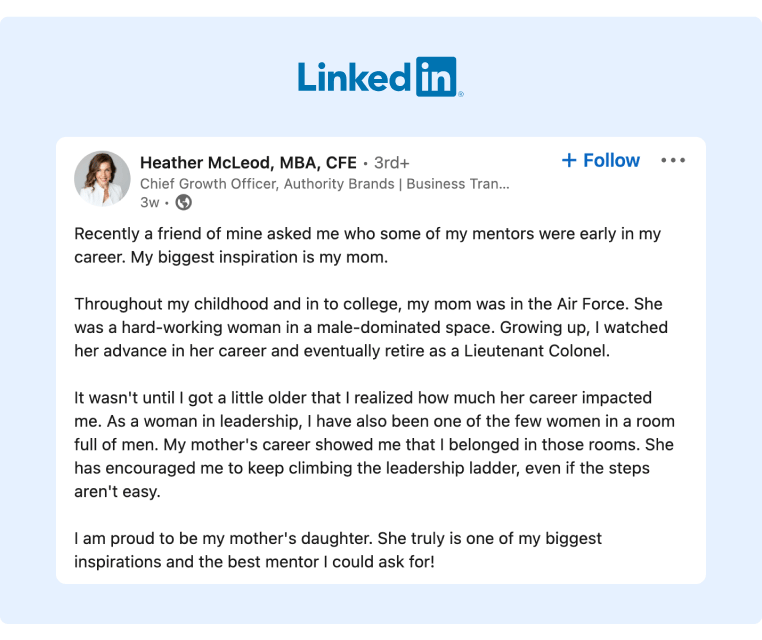 The Chief Growth Officer from Authority Brands shared a gratitude post about how her mother inspired her as a female working in male-dominated spaces
