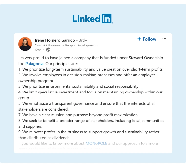 The Co-CEO of MONoPOLE shared on LinkedIn key points of the company principles