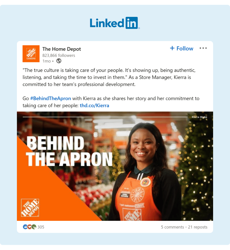 The Home Depot encourages their employees to share their insights and experiences in the workplace