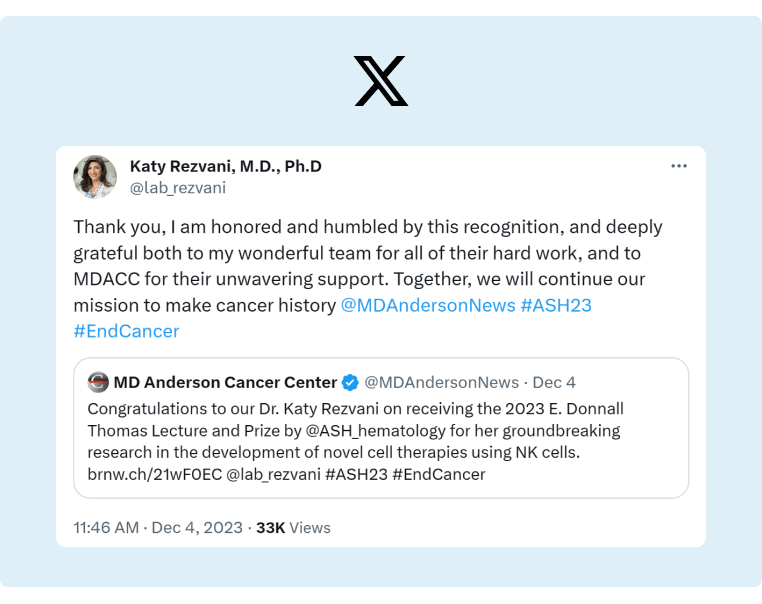 The MD Anderson Cancer Center posted a recognition tweet for one of their doctors