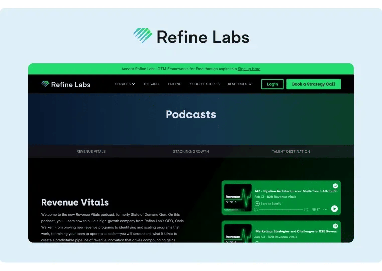 The Revenue Vitals podcast page from Refine Labs