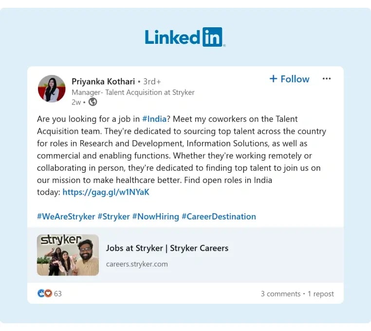 The Talent Acquisition Manager at Stryker publicly encouraging new talent to join the company